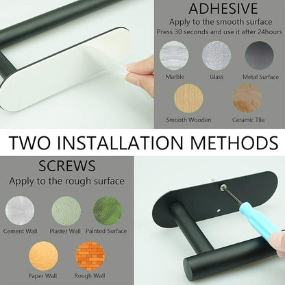 Paper Towel Holder with 2 Hooks-Under Cabinet Paper Towel Holder for Kitchen, Self-Adhesive or Screws, Space Saving Wall Mounted Kitchen Roll Holder, Bathroom, Stainless Steel Matte Black