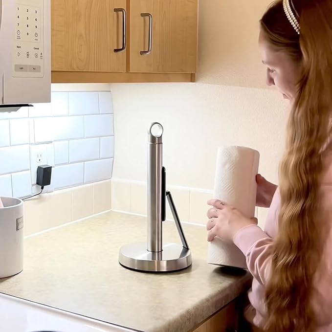 theaoo Heavy-Duty Stainless Steel Paper Towel Holder with Tension Arm – Easy One-Handed Tear, Modern Standing Countertop Dispenser for Kitchen, Holds All Paper Towel Rolls (1, Silver) - Image 5