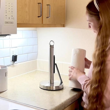 theaoo Heavy-Duty Stainless Steel Paper Towel Holder with Tension Arm – Easy One-Handed Tear, Modern Standing Countertop Dispenser for Kitchen, Holds All Paper Towel Rolls (1, Silver) - Image 5