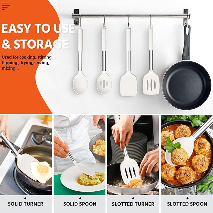 E-far Cooking Utensils Set of 4, Silicone Kitchen Utensils for Non-stick Cookware, Heat Resistant & Non-toxic Slotted Spatula Solid Spoon Turner for Flipping Mixing Serving Basting(White) - Image 6