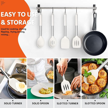 E-far Cooking Utensils Set of 4, Silicone Kitchen Utensils for Non-stick Cookware, Heat Resistant & Non-toxic Slotted Spatula Solid Spoon Turner for Flipping Mixing Serving Basting(White) - Image 6