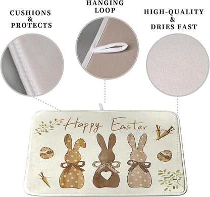 Happy Easter Bunny Dish Drying Mat Rabbits Egg Carrot Dish Pad for Kitchen Counter 16x18 Inch Microfiber Absorbent Spring Bufflao Plaid Dish Draining Mat Reusable Washable Dish Drainer Rack Mat - Image 3