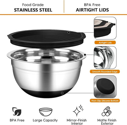CHAREADA Mixing Bowls with Airtight Lids, 18pcs Stainless Steel Nesting Colorful Mixing Bowls Set Non-slip Silicone Bottom, Size 4.5, 3.6, 2.7, 2.1, 1.7, 1.1, 0.7 qt, Fit for Mixing & Serving (Black) - Image 3