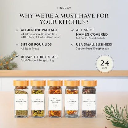 FINESSY Bamboo Glass Spice Jars with Labels and Shaker Lids Clear Empty 4oz 24 Pack Bottles Set, Glass Spice Containers with Labels, Seasoning Organizer Jars - Image 2