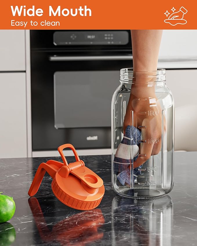 Glass Pitcher with Airtight Lid and Spout, 64oz Mason Jar Pitcher - Wide Mouth, Leakproof Water Jug for Juice, Sun Iced Tea, Cold Brew Coffee, Milk Storage, Orange - Image 6