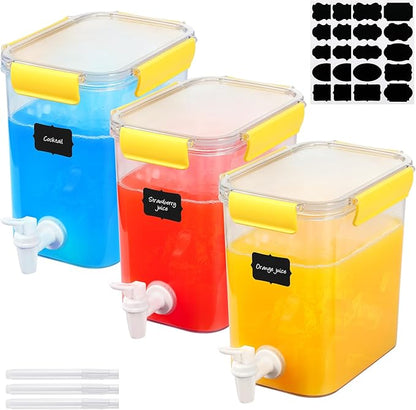Mumufy 3 Set Plastic Drink Dispensers for Parties Beverage Dispenser for Fridge with Spigot Iced Juice Lemonade Container with Labels and Pens Summer Party Supplies(0.92 Gallon,Yellow) by Mumufy