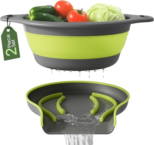 Gevoli Large Collapsible Colander with Self Draining Base - 5Qt Side Drain Food Strainer for Edge of Kitchen Sink (Patent Pending) Green (2 Piece Set) by Gevoli