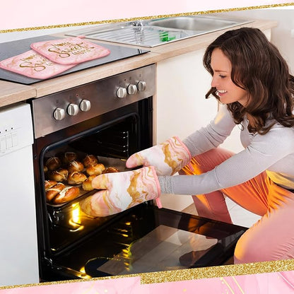 Bencailor Light Pink 6 Pcs Marble Kitchen Decor Gold Pot Holders Oven Mitts 2 Dish Towels 2 Farmhouse Cooking Mittens Oven Glove and Potholder for Baking Cooking Grilling Supply Accessories