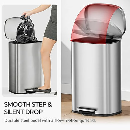 13 Gallon Trash Can (50L) and 1.6 Gallon (6L) Kitchen Trash Can Combo Set, Stainless Steel Garbage Can with Lid and Step-on Pedal, Soft Close Waste Bin with Inner Bucket for Home & Office - Image 5