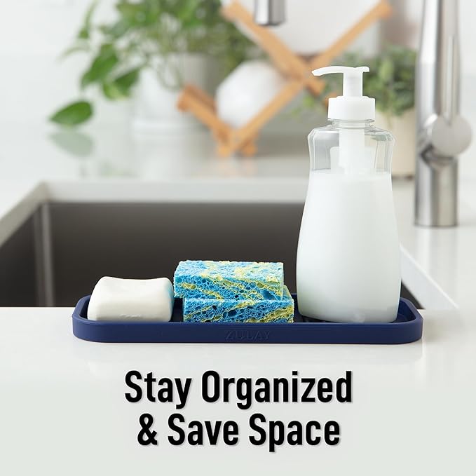 Zulay Kitchen (9x3.5) Silicone Sponge Holder for Kitchen Sink - Flexible Multipurpose Soap Tray - Sink Organizer for Kitchen, Bathroom, Makeup, Trinkets & More (Dark Blue) - Image 6