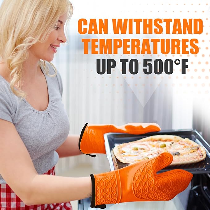 Silicone Oven Mitts, Heat Resistant 2PCS Oven Mitts with Soft Cotton Lining, Waterproof Non-Slip Grip Oven Glove, Kitchen Potholder Mits for BBQ, Baking, Cooking, 12.5 Inch - Orange - Image 7