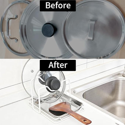 Pot Lid Holder While Cooking, 304 Stainless Steel Spoon Rest with Lid Holder for Countertop, Multifunctional Pan Lid Storage and Utensil Organizer for Stove Top