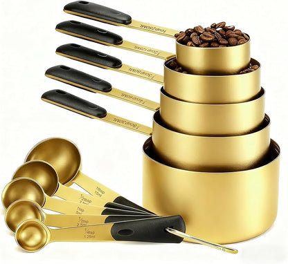 Bopei Measuring Cups and Spoons Set, Gold Electroplated Stainless Steel 10 Piece for Cooking and Baking (5 Cups + 5 Spoons Gold) by Bopei