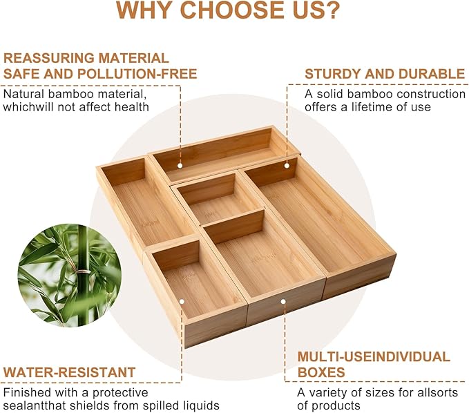 Bamboo Drawer Organizer 5 Pcs for Kitchen Multi-purpose Storage Dividers for Kitchen, Office, Jewelry, Cosmetics, Wooden Drawer Dividers for Drawer Organizer Desk Organizer Gift for Women Gifts Idea - Image 5