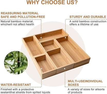 Bamboo Drawer Organizer 5 Pcs for Kitchen Multi-purpose Storage Dividers for Kitchen, Office, Jewelry, Cosmetics, Wooden Drawer Dividers for Drawer Organizer Desk Organizer Gift for Women Gifts Idea - Image 5