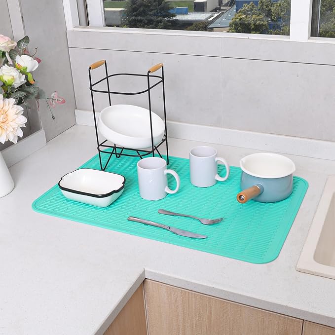 MicoYang Silicone Dish Drying Mat for Multiple Usage,Easy clean,Eco-friendly,Heat-resistant Silicone Mat for Kitchen Counter or Sink,Refrigerator or Drawer Liner Mint 3XL 28 inches x 18 inches - Image 5
