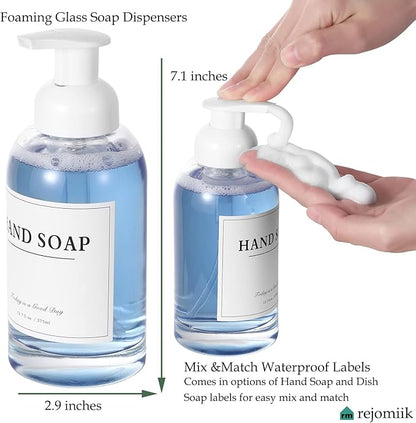 rejomiik 2 Pack Foaming Soap Dispenser Thick Glass Foam Hand Soap Dispenser for Bathroom or Kitchen Sink, 13 oz Clear Pump Bottles for Hand soap, Body Wash, White