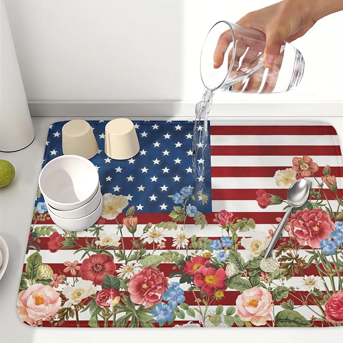 4th of July Dish Drying Mat 24x18 Inch, Patriotic Drying Mat with Absorbent Reversible Microfiber, Independence Day Dish Drainer Mats Memorial Day Rack Pad for Coffee Countertop Kitchen Protector