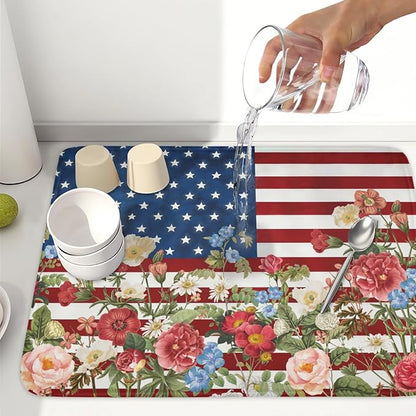 4th of July Dish Drying Mat 24x18 Inch, Patriotic Drying Mat with Absorbent Reversible Microfiber, Independence Day Dish Drainer Mats Memorial Day Rack Pad for Coffee Countertop Kitchen Protector