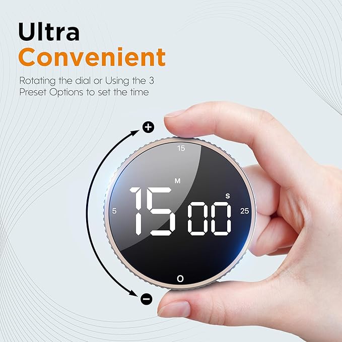 Upgrade Digital Kitchen Timer - Magnetic Countdown Countup Visual Pomodoro Timer with Large LED Display, 3-Preset Times (5, 15, 25), 3 Volume Levels, Ideal for Cooking, Baking and Fitness (2, Tarnish) - Image 3