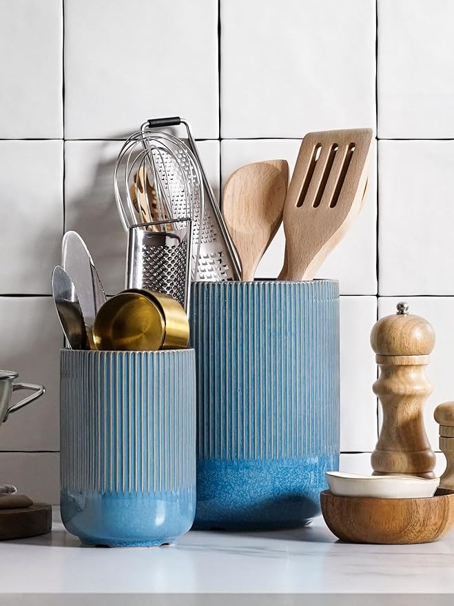 LE TAUCI Utensil Holder for Kitchen Counter, 7.3"+5.4" Fluted Ceramic Utensil Crock Organizer for Countertop, Heavy Large Holder for Spatulas, Spoons, Set of 2, Blue Marble - Image 3