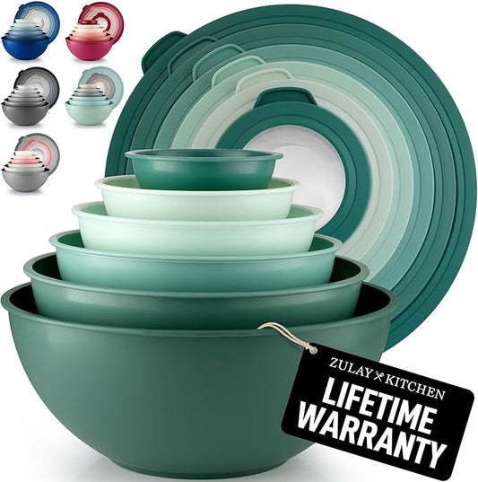 Zulay Kitchen 12-Piece Plastic Mixing Bowl Set - Colorful Nesting Bowls with Lids - Microwave & Freezer Safe (Teal Ombre) by ZulayKitchen