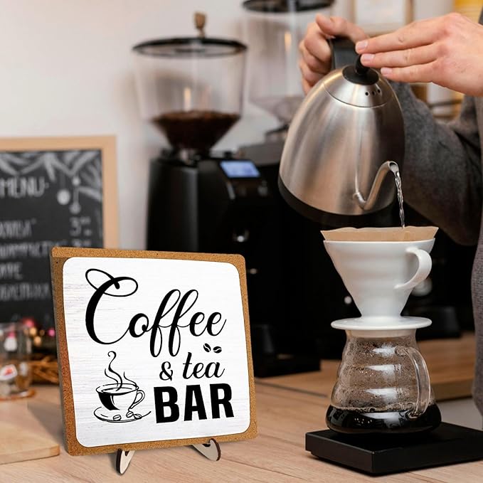Rustic Coffee & Tea Bar Decor Sign,Funny Wooden Plaque for Cafe Bar,Coffee Station,or Shelf, Farmhouse Kitchen Cafe & Tea Accessories for Home or Office 5.9 x 5.9Inch(White+Brown04) - Image 7