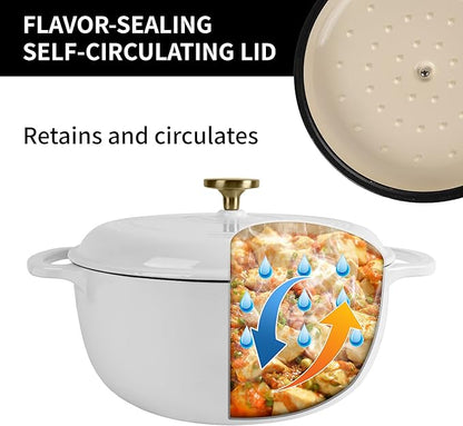 Premium Enameled Cast Iron Dutch Oven for Bread Baking | Non-Stick 2QT Oval Bread Oven with Lid | Perfect for Sourdough, Loaf, and Artisan Baking (Round White, 5.5 QT)