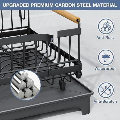 Dish Rack with Drainboard Large Capacity Anti-Rust Kitchen Counter Organizer with Cup, Utensil & Cutting Board Holders, Heavy Duty Dish Drying Rack for Dishes, Spoons and Forks