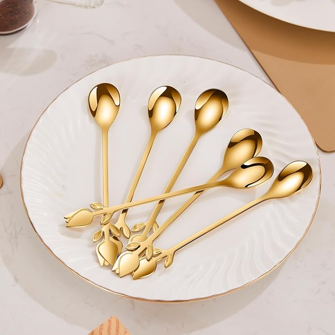 Gold Tulip/Rose Handle 12-Pcs Mini Coffee Spoons Set - 6" Stainless Steel for Espresso, Tea, Dessert - Ideal for Demitasse & Small Servings - Image 3