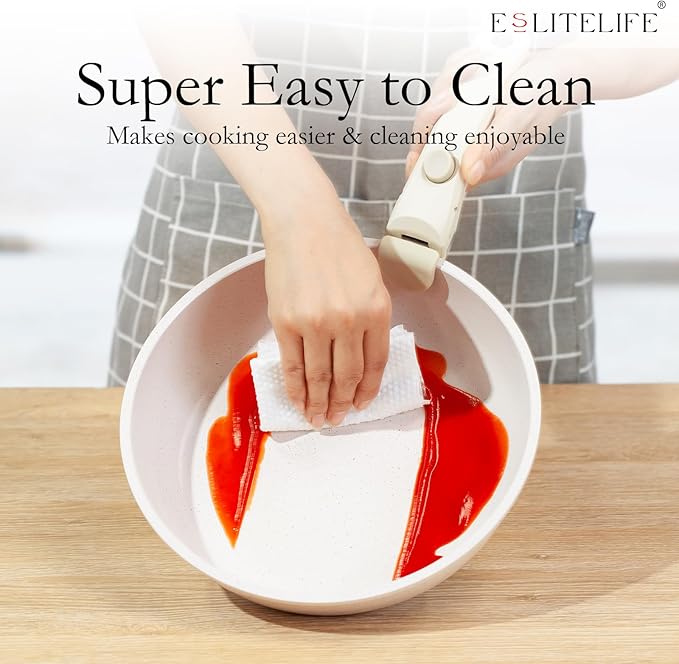 ESLITE LIFE Nonstick Ceramic Frying Pans Skillets Set with Lids & Detachable Handle, Non-Toxic Egg Omelette Kitchen Cooking Pans Compatible with All Stovetops, PTFE & PFOA Free, White, 7-Piece - Image 7