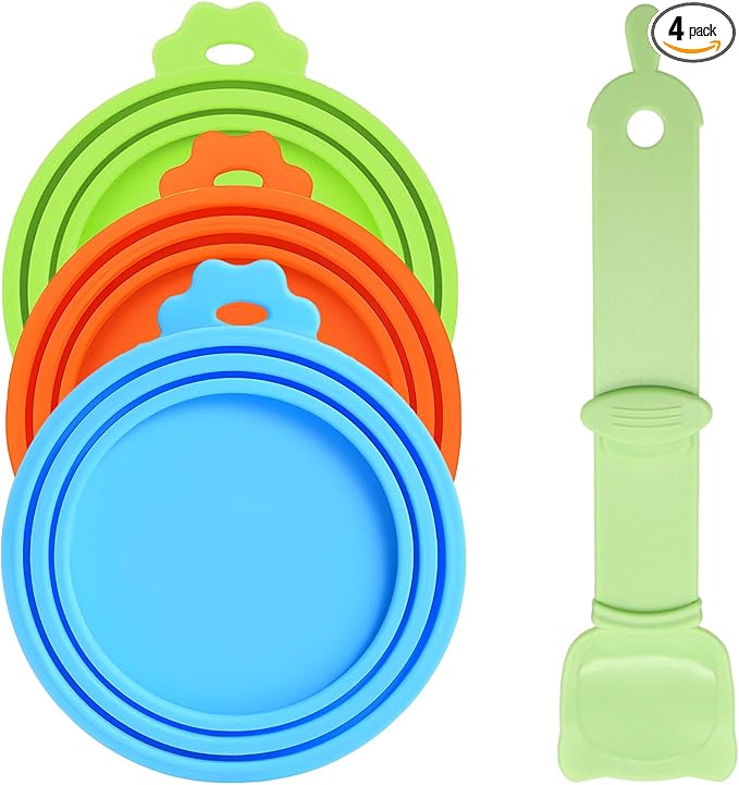 Universal Pet Food Can Lids - 3 Pcs, Squeezable Cat Treat Feeder & Spoon, Green/Blue/Orange Lids, Green Feeder by Giozoc