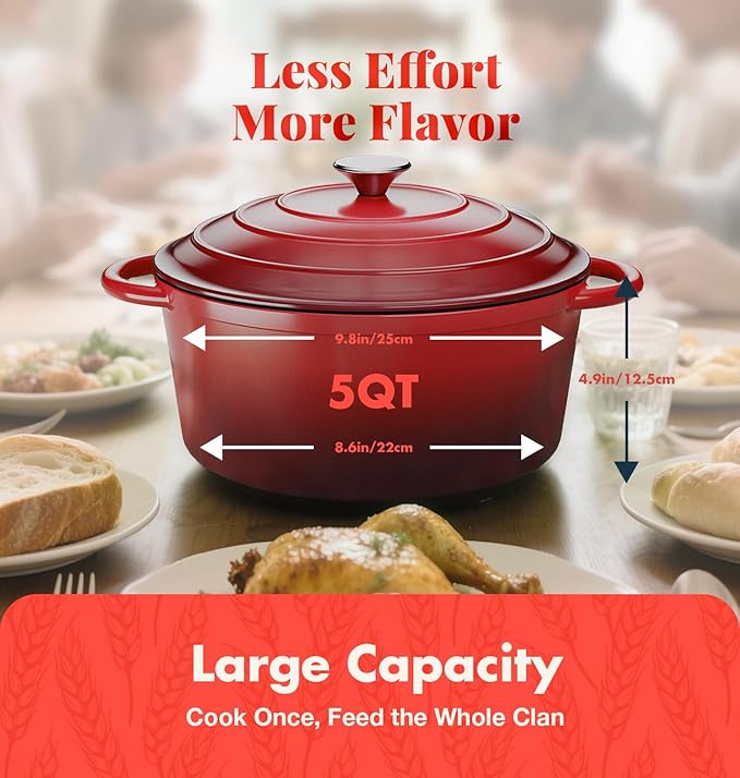 Cast Iron Dutch Oven for Bread Baking, With Banneton Bread Proofing Basket & Sourdough Baking Supplies, 5QT Multi-Functional Enameled Dutch Oven Pot with Lid, Cast Iron Bread Pan, Red - Image 3