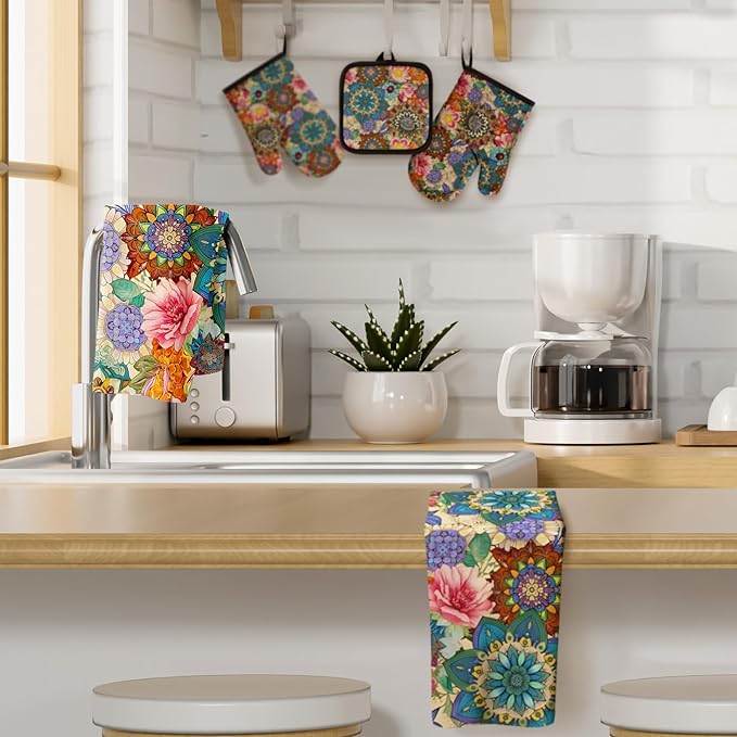 Jingmore 6 Pcs Kitchen Decor Set Accessory Farmhouse Kitchen Towels Pot Holders Oven Mitts Set 2 Dish Towels 2 Pot Holders 2 Cooking Mittens Oven Glove for Cooking(Colorful,Boho Floral) - Image 3