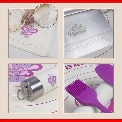 Silicone Baking Mat Gift Set – XL Non-Stick Pastry Mat with Rolling Pin, Dough Scraper, Spatula & Brush | Perfect Christmas Baking Kit for Cookies, Pies & Holiday Treats | Gift-Ready Box