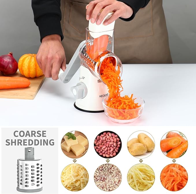 Cambom Rotary Cheese Grater Hand Crank Cheese Shredder for Fresh Cheese, Vegetable, Nuts,Non-slip Suction Base, Free Cleaning Brush Three Blades, White - Image 3