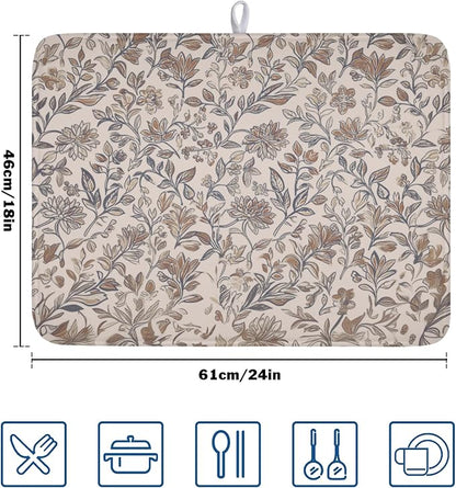 Vintage Floral Dish Drying Mat for Kitchen Counter Brown Antique Flower Microfiber Dish Drainer Mat Rustic Neutral Absorbent Washable Drying Pad Extra Large 18"x24"