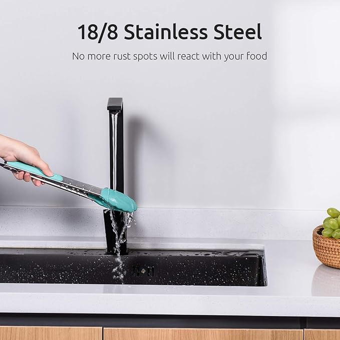 Kitchen Tongs, U-Taste 7/9/12 inches Cooking Tongs, with 600ºF High Heat-Resistant Non-Stick Silicone Tips, 18/8 Stainless Steel Handle, for Food Grill, Salad, BBQ, Frying, Serving, Pack of 3(Teal) - Image 7