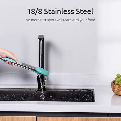 Kitchen Tongs, U-Taste 7/9/12 inches Cooking Tongs, with 600ºF High Heat-Resistant Non-Stick Silicone Tips, 18/8 Stainless Steel Handle, for Food Grill, Salad, BBQ, Frying, Serving, Pack of 3(Teal) - Image 7