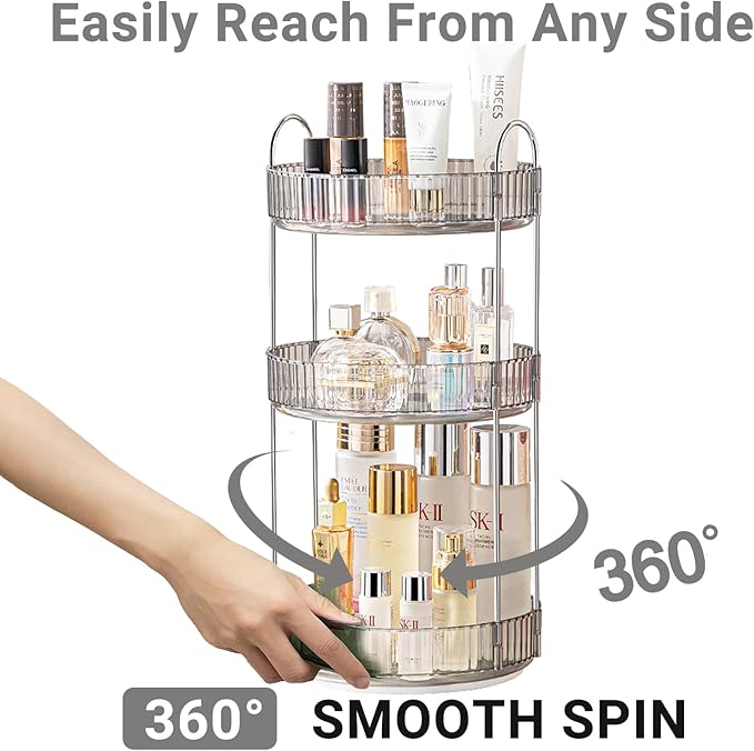 Asayuee 360 Rotating Makeup Organizer,3 Tier Large Capacity Make Up Organizers and Storage,Makeup Organizer for Bathroom,Cosmetic Perfume Stand Organizer(Grey-3 Tier) - Image 3