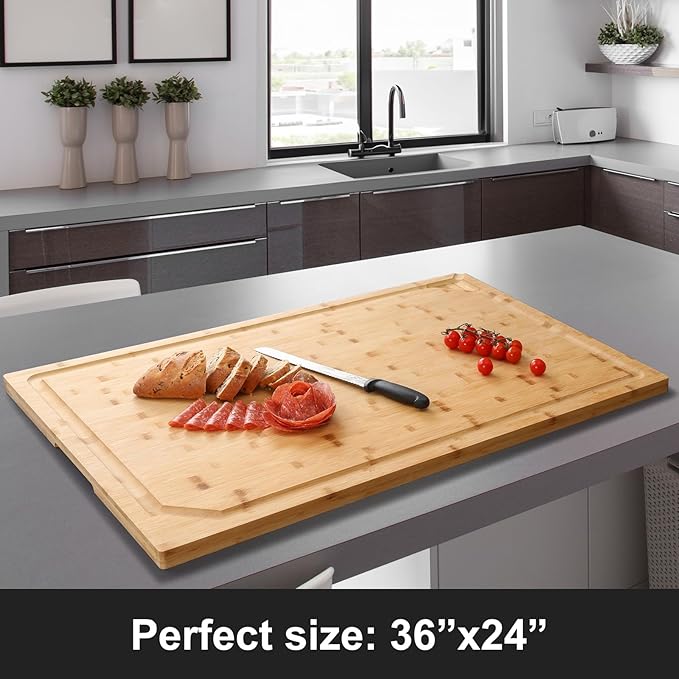 36 x 24 Extra Large Bamboo Cutting Board for Kitchen, Cutting Board Stove Top Cover with Handle, Butcher Block Chopping Board with Juice Groove, Large Charcuterie Board Over the Sink - Image 2