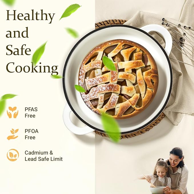 Overmont Enameled Cast Iron Dutch Oven - 5.5QT Pot with Lid Cookbook & Cotton Potholders - Heavy-Duty Cookware for Braising, Stews, Roasting, Sourdough Baking Pearl White - Image 2