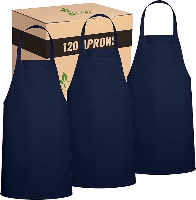 GREEN LIFESTYLE 120 Pack Professional Chef Apron– Grilling Aprons for Men, Waterproof Cooking Apron for BBQ, Work or Restaurant Use, Kitchen Aprons for Women – Navy Blue, No Pockets by GreenLifeStyle