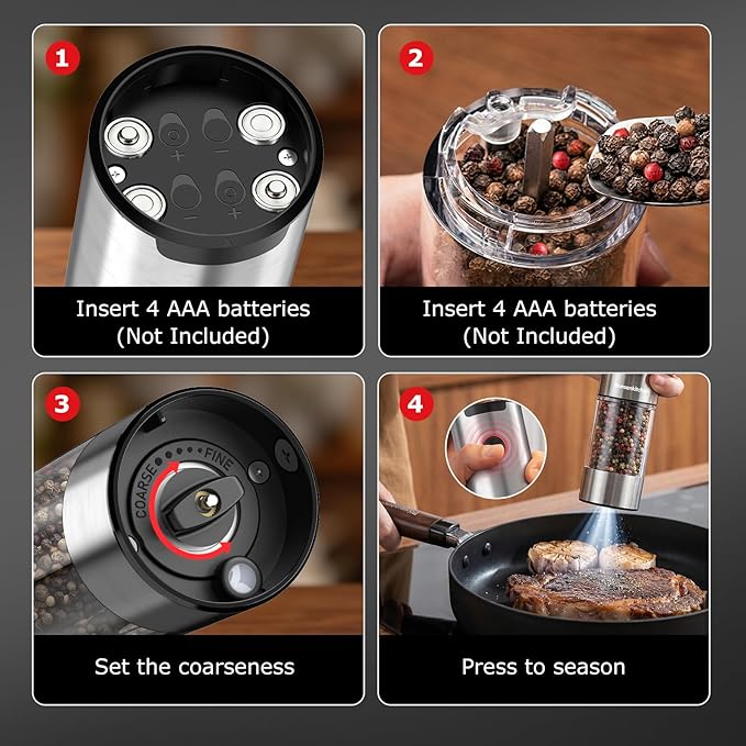 Bonsenkitchen Electric Salt and Pepper Grinder Set, 95ml Large Capacity, Clean Brush, Stainless Steel Adjustable Pepper Mill with LED for Kitchen, BBQ & Camping, Battery Powered (Not Included) - Image 6