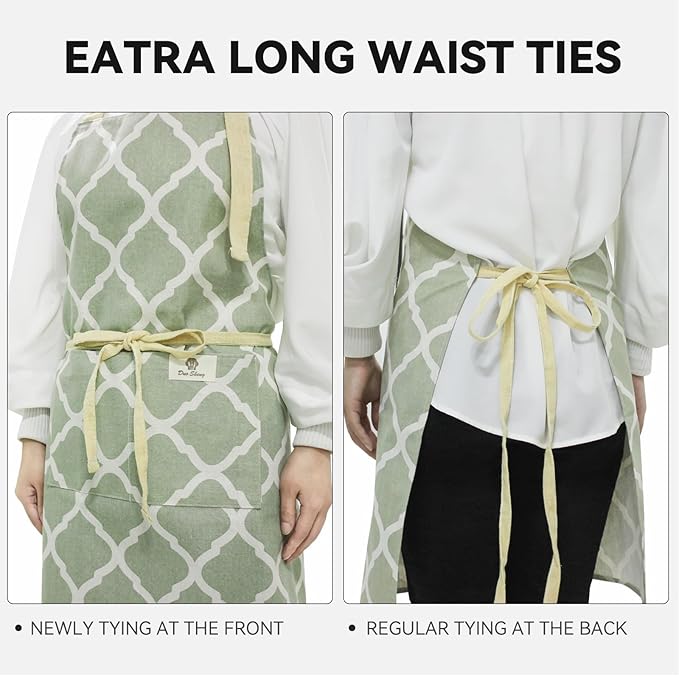2 Pieces Aprons for Women with Pockets, Cotton Linen Waterproof Kitchen Cooking Aprons, Chef Apronfor Men Women with Adjustable Neck Strap and Long Ties(Pink/Green)