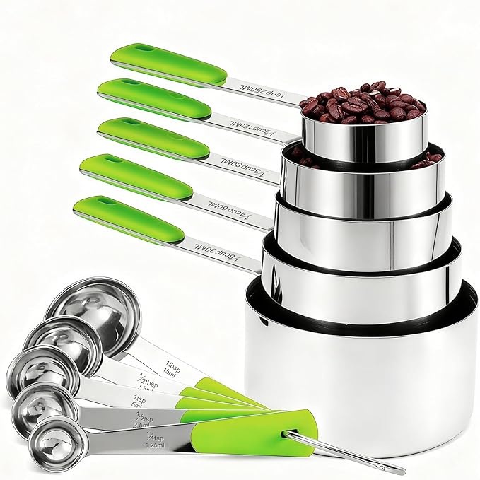 Bopei Measuring Cups and Spoons Set Stainless Steel 10 Piece for Cooking and Baking (5 Cups + 5 Spoons, Green Handle) by Bopei
