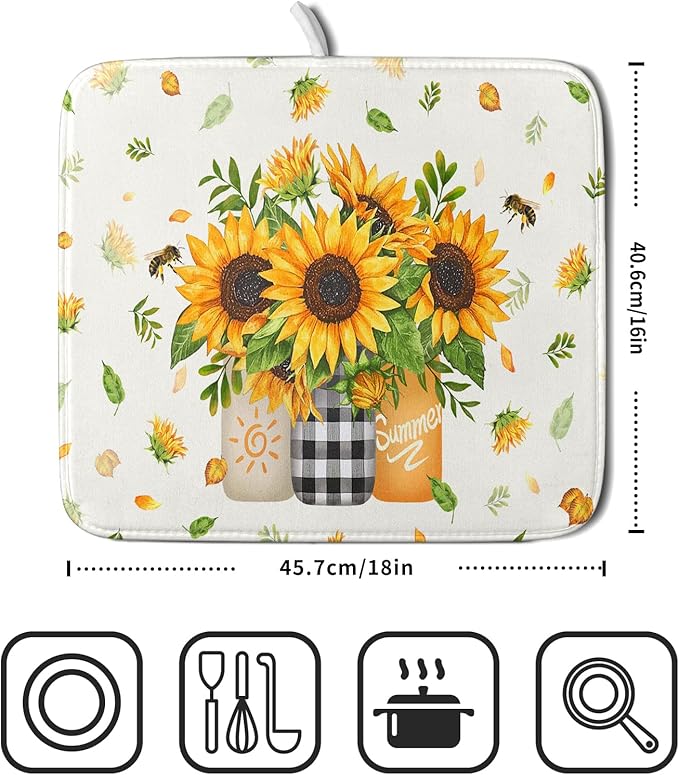 Giwawa Sunflower Vases Dish Drying Mat for Countertop, 16"x18" Summer Bee Floral Mason Jar Dish Drainer Mats, Fast Dry Microfiber Reversible Small Dish Drying Pad Kitchen Decoration