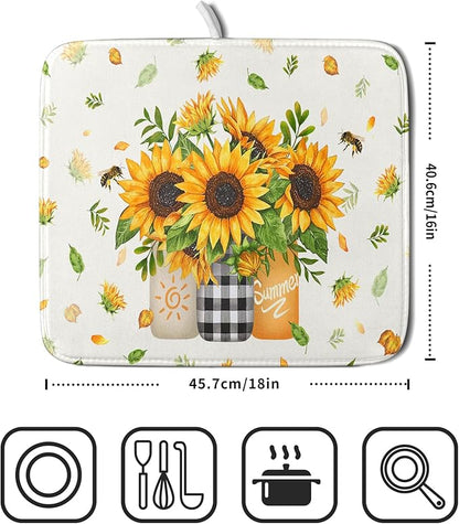 Giwawa Sunflower Vases Dish Drying Mat for Countertop, 16"x18" Summer Bee Floral Mason Jar Dish Drainer Mats, Fast Dry Microfiber Reversible Small Dish Drying Pad Kitchen Decoration