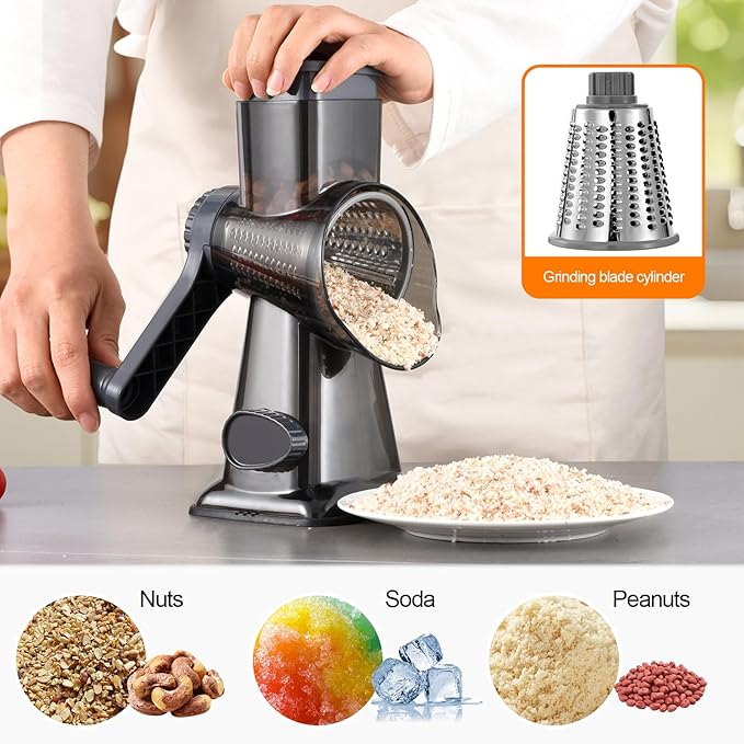 Rotary Cheese Grater Hand Crank with Suction Base, 3-in-1 Cheese Shredder for Cheese, Vegetables & Nuts, Easy to Clean (black) - Image 6
