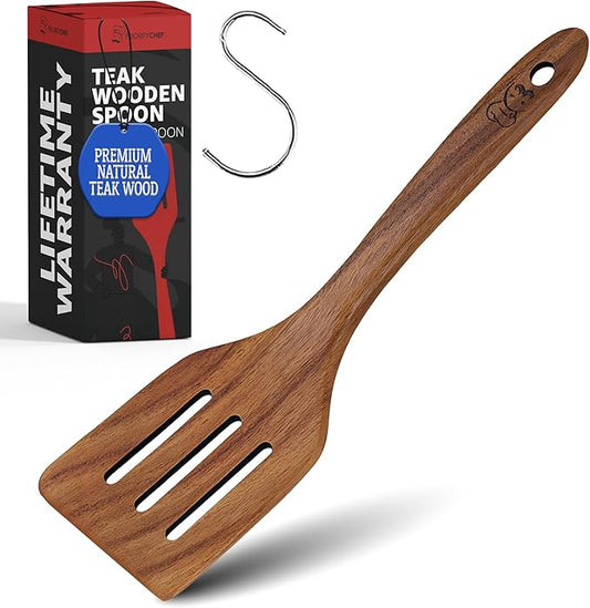 PriorityChef Teak Wooden Slotted Turner - Premium Wood Spatula for Cooking - Nonstick-Safe Kitchen Utensil - Handcrafted Wooden Turner for Flipping & Stirring